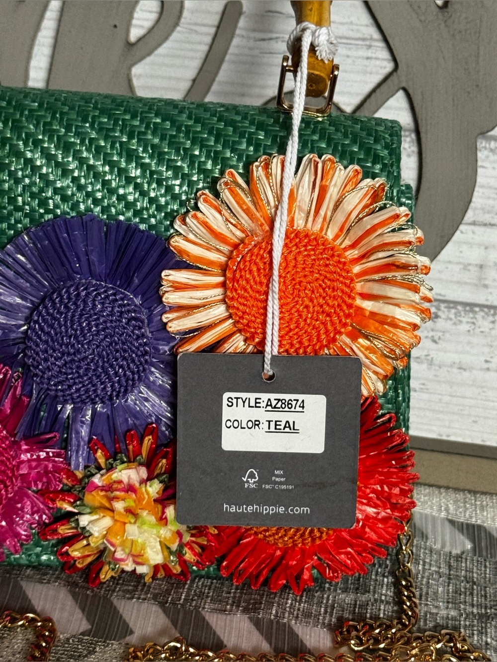 Haute Hippie Green Woven Satchel with Multicolor Floral Accents - Picture 6 of 6